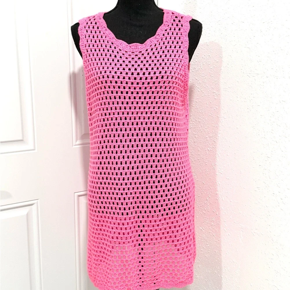 Sleeveless Pink‎ Crochet Swim Cover-Up Tunic S
